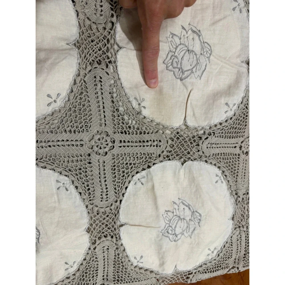 Vintage Antique Tablecloth Cotton Madeira With filet & Crochet lace LINEN E3-5